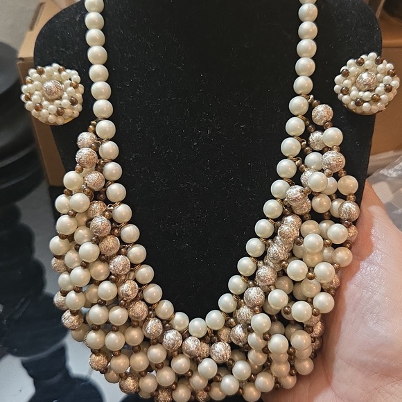 Miriam Haskell Elegant Cream Pearl Multi-Strand Statement Necklace and Earrings